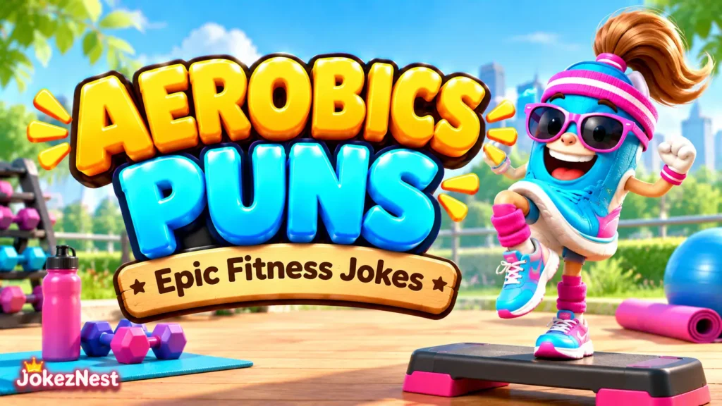 Aerobics Puns featured image with bold glossy 3D lettering and a cheerful cartoon fitness instructor exercising in colorful workout gear.