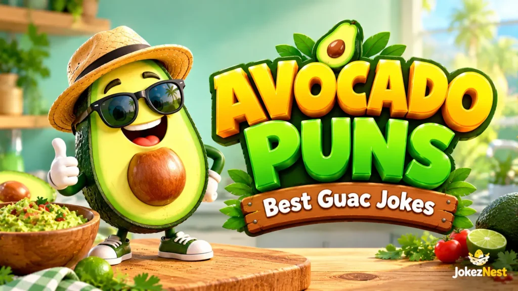 Avocado Puns thumbnail featuring a smiling avocado mascot in sunglasses and a straw hat with fresh guacamole. Copy Alt Text