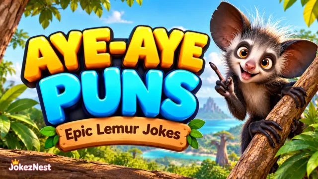 Aye-Aye Puns featured image with glossy 3D lettering and a cheerful aye-aye lemur on a tropical tree branch.