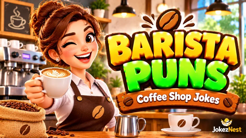 Barista Puns thumbnail featuring a smiling barista serving latte art beside bold 3D coffee-themed lettering.