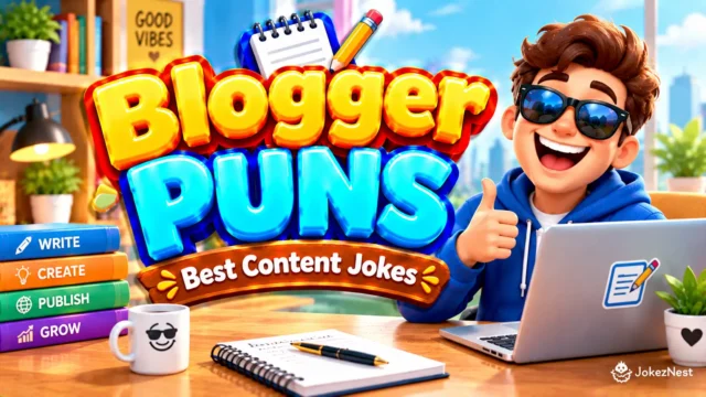 Blogger Puns featured image with glossy 3D lettering, a cheerful blogger at a laptop, and a colorful creative workspace.