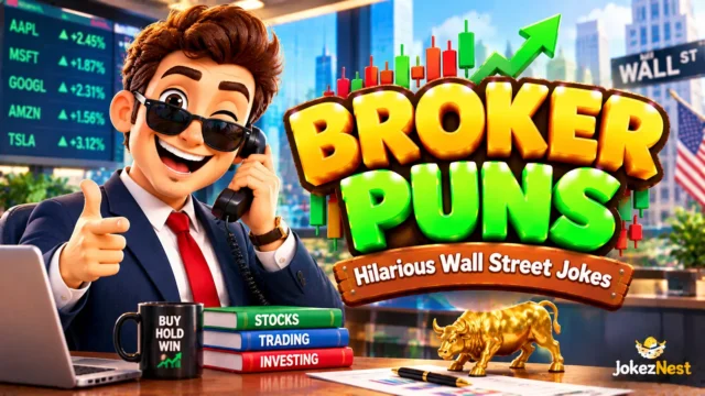 Broker Puns thumbnail featuring a smiling stock broker in sunglasses with a rising stock chart and bold 3D text.