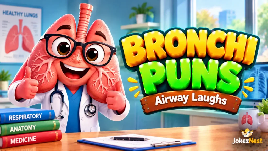 Bronchi Puns thumbnail with a cheerful cartoon lung doctor, glossy 3D lettering, and a bright medical classroom.