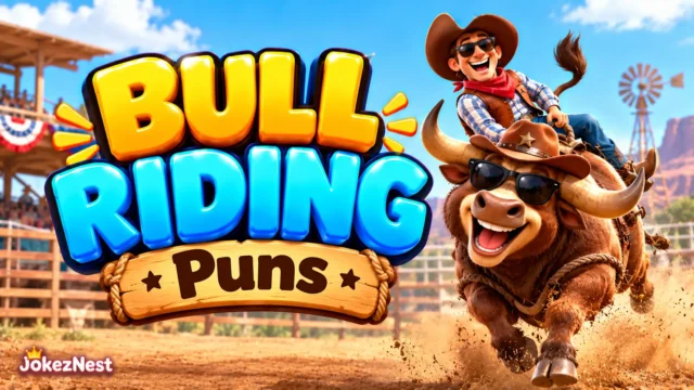 Bull Riding Puns featured image with glossy 3D lettering, a cowboy riding a smiling bull, and a colorful Western rodeo arena.