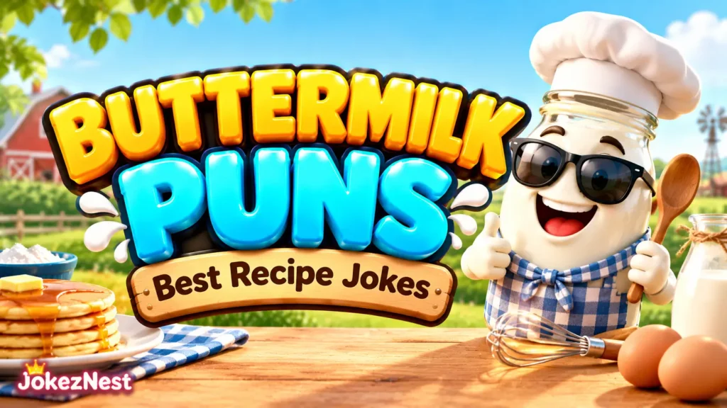 Buttermilk Puns featured image with glossy 3D lettering and a smiling buttermilk jar chef wearing sunglasses.