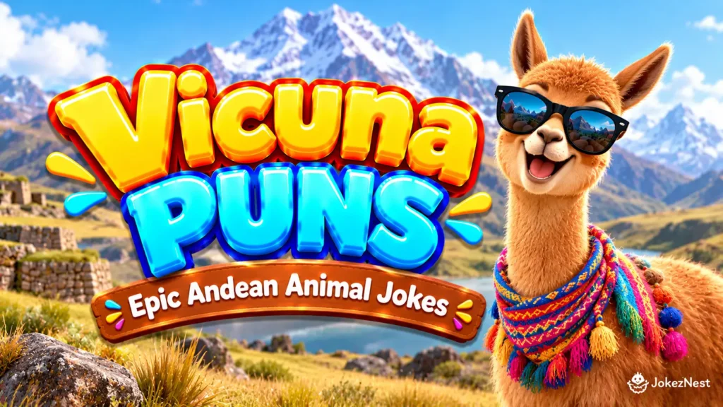 Vicuna Puns featured image with a smiling vicuña wearing sunglasses and a colorful Andean scarf beside bold 3D lettering.