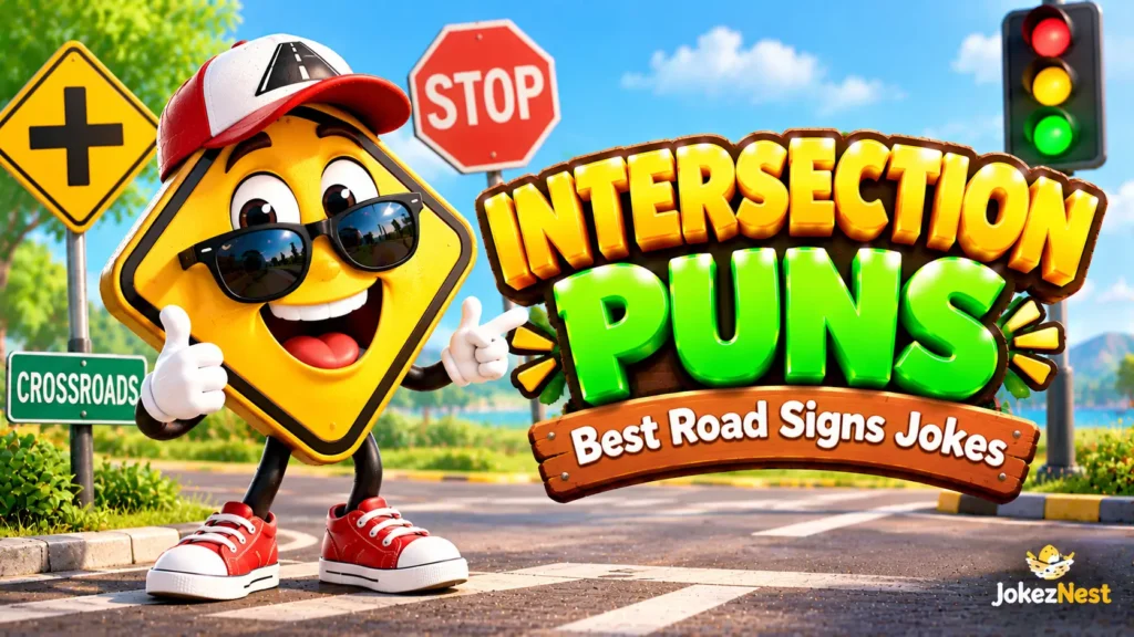 Intersection Puns thumbnail with a cheerful yellow road sign mascot, sunglasses, and colorful 3D text.
