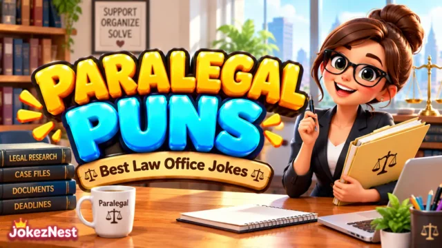 Paralegal Puns featured image with bold 3D lettering and a cheerful legal assistant holding case files in a law office.