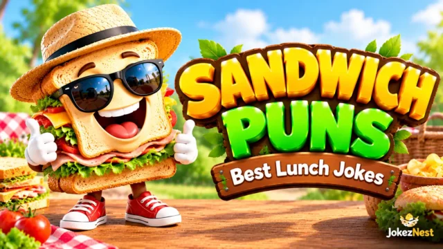 Sandwich Puns thumbnail featuring a smiling sandwich mascot with sunglasses and a straw hat at a sunny picnic. Copy Alt Text