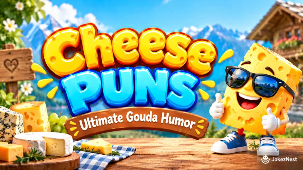 Cheese Puns featured image with a smiling Swiss cheese mascot wearing sunglasses beside bold yellow and blue 3D lettering.