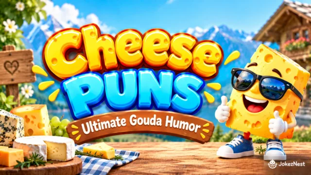 Cheese Puns featured image with a smiling Swiss cheese mascot wearing sunglasses beside bold yellow and blue 3D lettering.