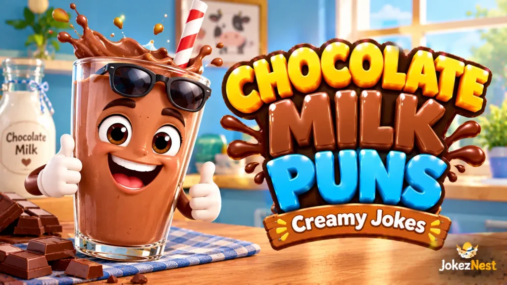 Chocolate Milk Puns thumbnail featuring a smiling chocolate milk glass, chocolate splashes, and colorful 3D lettering.