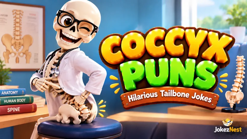 Coccyx Puns thumbnail featuring a cheerful skeleton doctor pointing to its tailbone beside bold 3D lettering.