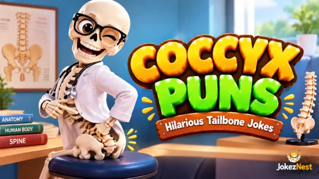 Coccyx Puns thumbnail featuring a cheerful skeleton doctor pointing to its tailbone beside bold 3D lettering.