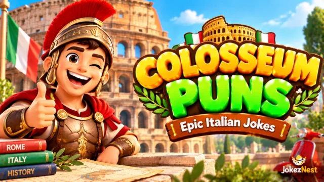 Colosseum Puns thumbnail featuring a cheerful Roman gladiator mascot beside the iconic Colosseum and bold 3D lettering.