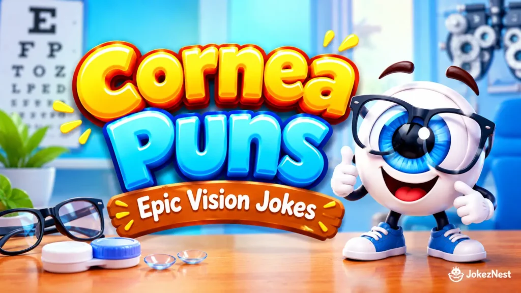 Cornea Puns featured image with a smiling blue-eyed mascot wearing glasses and bold 3D lettering.