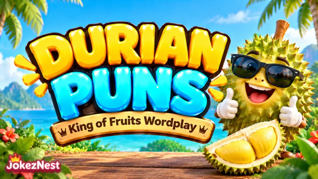 Durian Puns featured image with bold 3D lettering and a smiling spiky durian mascot wearing sunglasses beside fresh durian fruit.