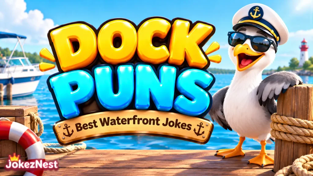 Dock Puns featured image with bold 3D lettering and a cheerful seagull wearing a captain’s hat at a sunny waterfront.