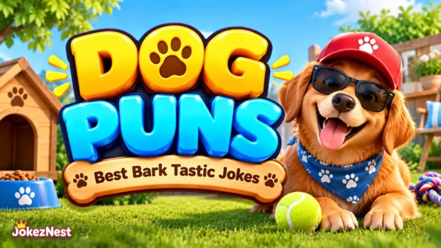 Dog Puns featured image with glossy 3D lettering and a happy golden retriever wearing sunglasses and a blue paw-print bandana.