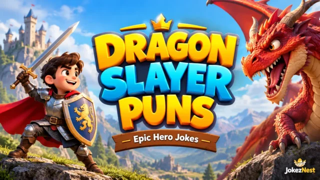 Dragon Slayer Puns thumbnail featuring a heroic knight, sword, and red dragon with colorful 3D lettering.