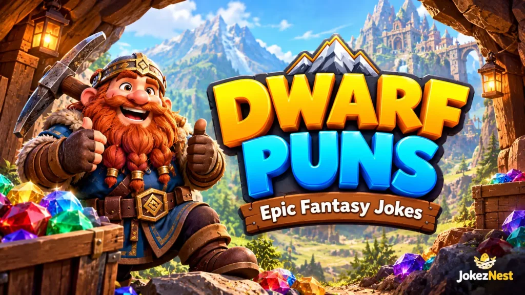 Dwarf Puns thumbnail featuring a cheerful fantasy dwarf with a pickaxe and colorful gemstones. Copy alternative text