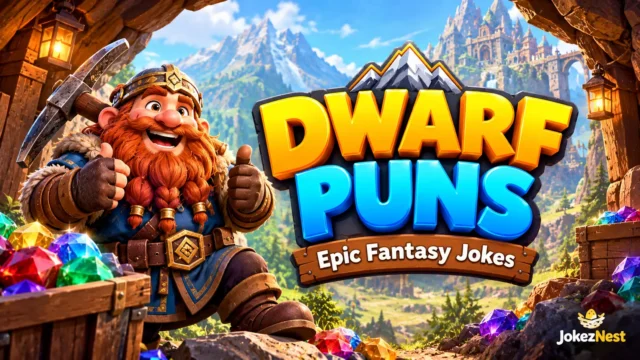 Dwarf Puns thumbnail featuring a cheerful fantasy dwarf with a pickaxe and colorful gemstones. Copy alternative text