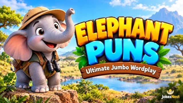 Elephant Puns thumbnail featuring a cheerful baby elephant in a safari hat with a sunny savanna background. Copy Alt Text