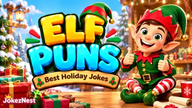Elf Puns featured image with bold 3D lettering and a cheerful Christmas elf in a festive workshop.