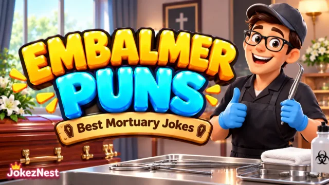 Embalmer Puns featured image with bold 3D lettering and a smiling embalmer in a professional mortuary setting.