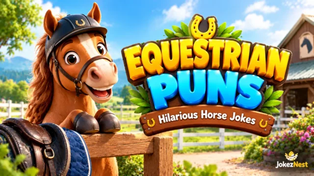 Equestrian Puns thumbnail featuring a cheerful chestnut horse in a riding helmet beside a sunny horse farm. Copy Alt Text