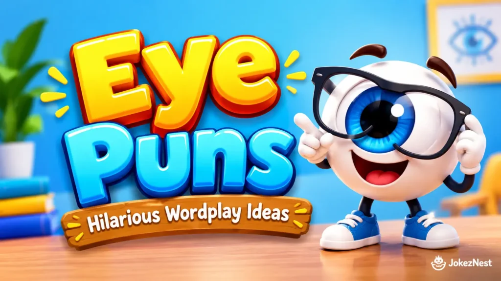Eye Puns featured image with a smiling blue eyeball mascot wearing glasses and bold 3D lettering.