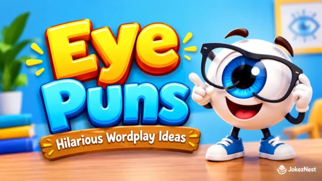 Eye Puns featured image with a smiling blue eyeball mascot wearing glasses and bold 3D lettering.