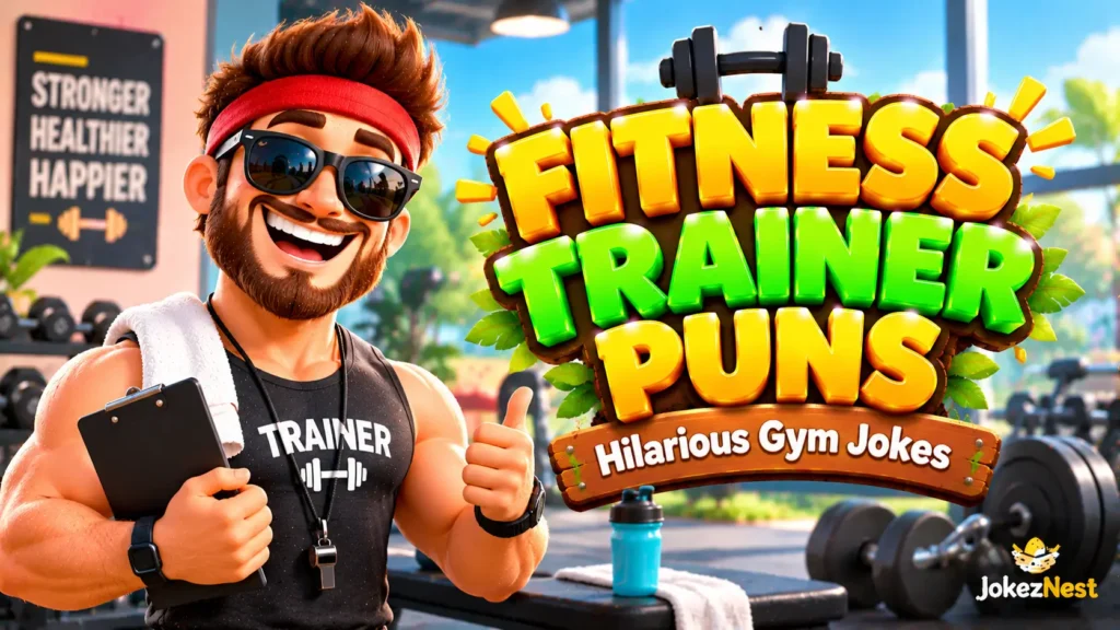 Fitness Trainer Puns thumbnail featuring a smiling muscular trainer in sunglasses beside bold 3D gym lettering.