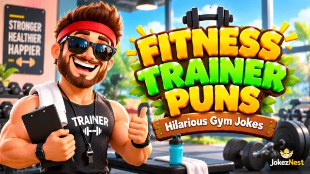 Fitness Trainer Puns thumbnail featuring a smiling muscular trainer in sunglasses beside bold 3D gym lettering.