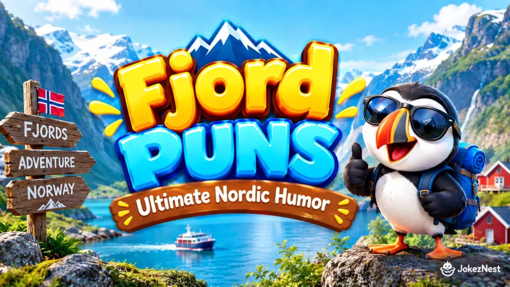 Fjord Puns featured image with bold 3D lettering, a cheerful puffin in sunglasses, and scenic Norwegian fjords.
