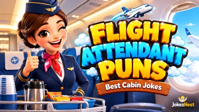 Flight Attendant Puns thumbnail featuring a smiling flight attendant in uniform beside colorful 3D lettering.