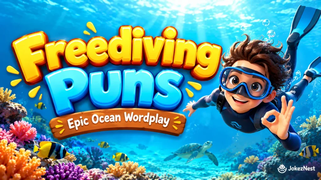 Freediving Puns thumbnail with a smiling freediver underwater, colorful coral reefs, and bold 3D lettering.