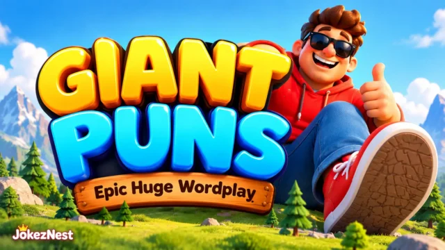 Giant Puns featured image with bold glossy 3D lettering and a cheerful giant wearing sunglasses in a mountain landscape.