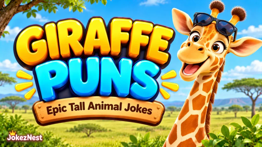 Giraffe Puns featured image with glossy 3D yellow and blue lettering and a cheerful giraffe wearing sunglasses.