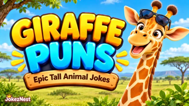 Giraffe Puns featured image with glossy 3D yellow and blue lettering and a cheerful giraffe wearing sunglasses.
