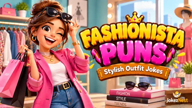 Fashionista Puns thumbnail featuring a stylish cartoon fashionista, pink outfit, shopping bags, and bold 3D text.
