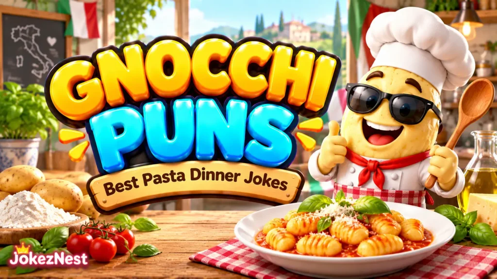 Gnocchi Puns featured image with bold 3D lettering, a cheerful gnocchi chef, and a plate of pasta.