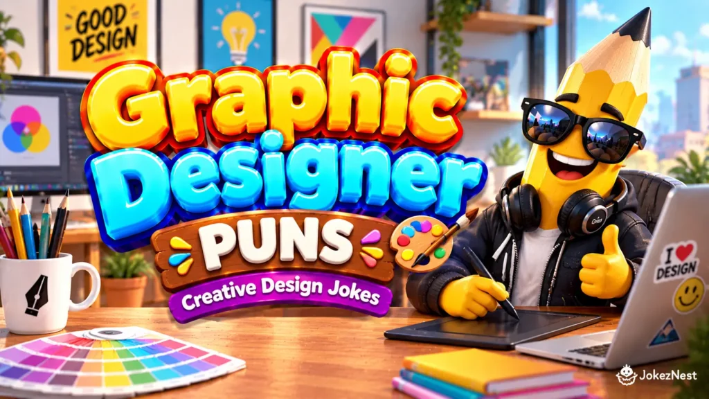 Graphic Designer Puns featured image with a smiling pencil mascot wearing sunglasses and headphones beside colorful 3D lettering.