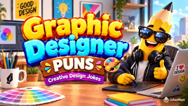 Graphic Designer Puns featured image with a smiling pencil mascot wearing sunglasses and headphones beside colorful 3D lettering.