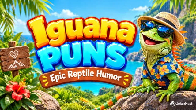Iguana Puns featured image with a smiling green iguana wearing sunglasses, a straw hat, and a colorful tropical shirt.