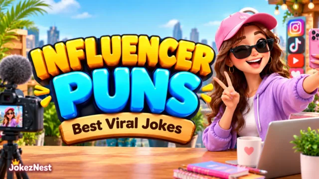 Influencer Puns featured image with glossy 3D lettering and a cheerful social media creator holding a pink phone.