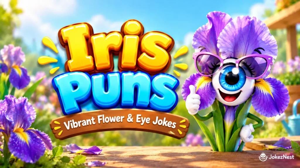 Iris Puns featured image with a smiling blue-eyed iris flower mascot wearing purple sunglasses and bold 3D lettering.