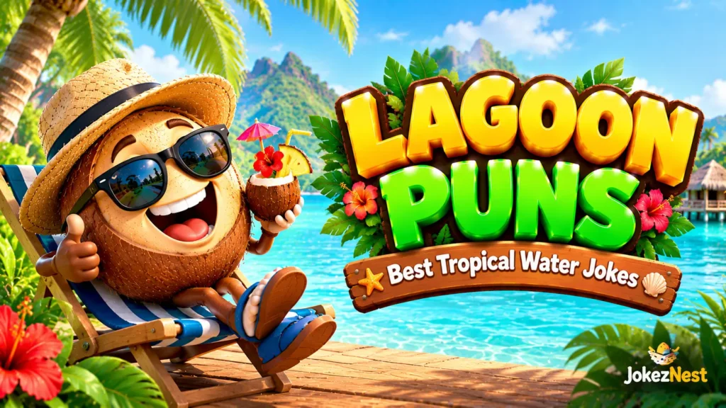 Lagoon Puns thumbnail featuring a smiling coconut mascot in sunglasses beside colorful 3D lettering and turquoise water.