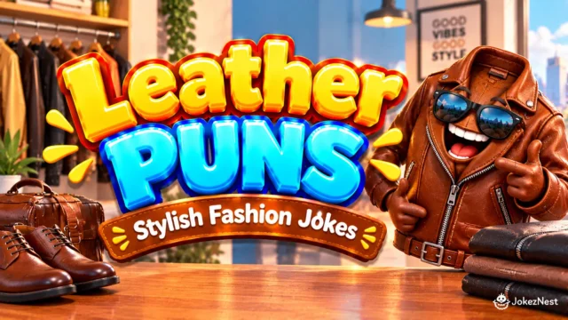 Leather Puns featured image with a smiling brown leather jacket mascot wearing sunglasses beside bold 3D lettering.