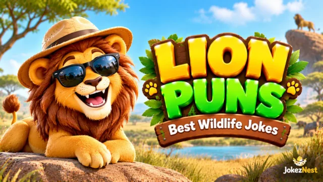 Lion Puns thumbnail featuring a cheerful lion in sunglasses and a safari hat with bold 3D text.